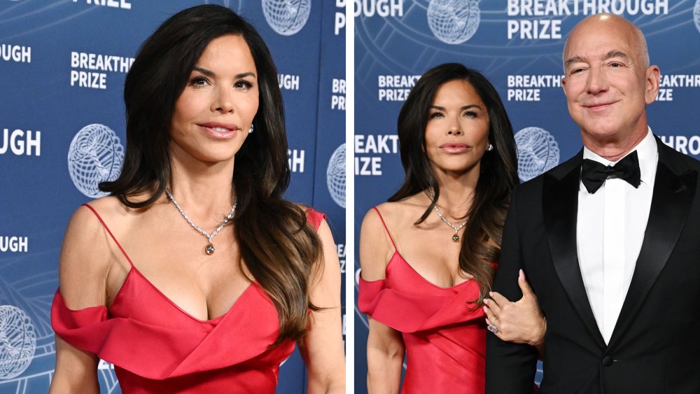 Lauren Sánchez wears red john galliano dress worn by sophia loren with jeff bezos at The 11th Breakthrough Prize Ceremony held at Barker Hanger on April 05, 2025 in Santa Monica, California.