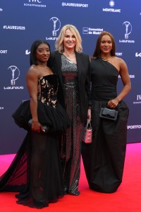 MADRID, SPAIN - APRIL 21: Simone Biles, Nadia ComƒÉneci and Rebeca Andrade pose at the Laureus World Sports Awards Madrid 2025 at Galer√≠a de Cristal on April 21, 2025 in Madrid, Spain. (Photo by Angel Martinez/Getty Images for Laureus)