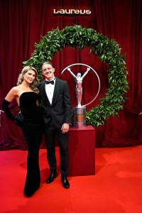 MADRID, SPAIN - APRIL 21: (EXCLUSIVE COVERAGE) Aine May Kennedy and Conor Gallagher pose with the Laureus trophy and wreath on the red carpet during  the Laureus World Sports Awards Madrid 2025 at Galer√≠a de Cristal on April 21, 2025 in Madrid, Spain. (Photo by Carlos Alvarez/Getty Images for Laureus)