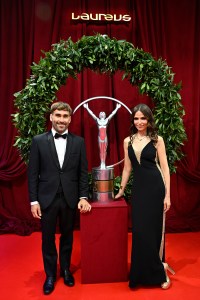 MADRID, SPAIN - APRIL 21: (EXCLUSIVE COVERAGE) Aritz Aranburu (L) poses with the Laureus trophy and wreath on the red carpet during  the Laureus World Sports Awards Madrid 2025 at Galer√≠a de Cristal on April 21, 2025 in Madrid, Spain. (Photo by Carlos Alvarez/Getty Images for Laureus)