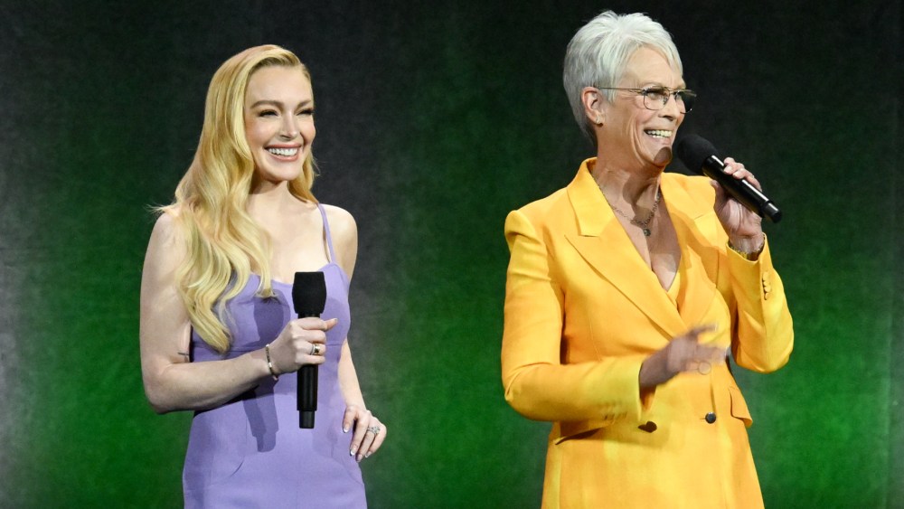 Lindsay Lohan in Chanel and Jamie Lee Curtis in Vivienne Westwood at the Walt Disney Studios Presentation as part of CinemaCon 2025 held at The Colosseum on April 03 in Las Vegas.