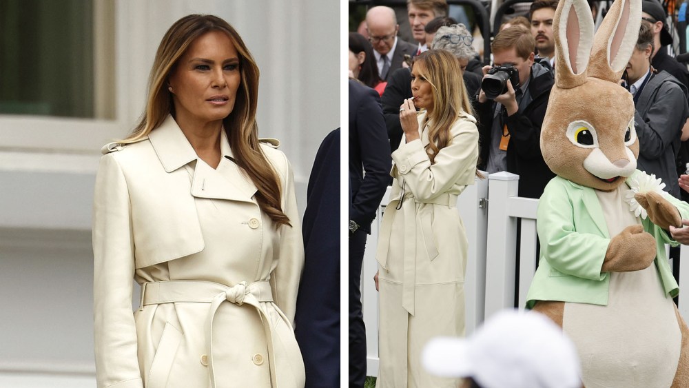 Trump and First Lady Melania Trump walk down from the Truman Balcony durning the White House Egg Roll on the South Lawn on April 21, 2025 in Washington, DC. The White House is expecting thousands of children and adults to participate in the annual tradition of rolling colored eggs down the White House lawn, a tradition started by President Rutherford B. Hayes in 1878. (Photo by Chip Somodevilla/Getty Images)