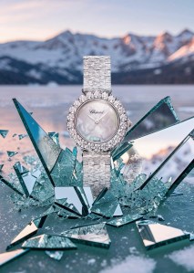 Chopard L’Heure du Diamant collection timepiece in ethical 18-karat white gold with textured mother-of-pearl dial and set with diamonds.