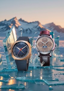 From left: H. Moser & Cie. Streamliner chronograph featuring a red gold case, textured blue dial and textile strap. Frederique Constant Classic Perpetual Calendar Manufacture watch, FC-776 in-house caliber, automatic, perpetual calendar with perlage and circular Côtes de Genève decorations in a stainless steel case with a salmon sunray dial.