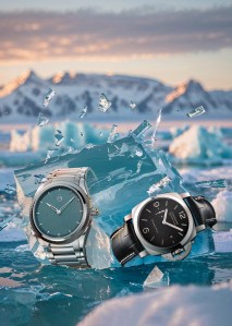 From left: Parmigiani Fleurier Tonda PF GMT Rattrapante Verzasca in a steel case and bracelet with a platinum bezel. Panerai Luminor Marina, PAM03312 in a stainless steel case.