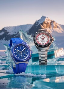 From left: Zenith Defy Skyline Chronograph 160th anniversary edition in blue ceramic; Tag Heuer Formula 1 Solargraph.