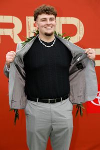 GREEN BAY, WISCONSIN - APRIL 24: Defensive Tackle Mason Graham of Michigan arrives prior to the 2025 NFL Draft at Lambeau Field on April 24, 2025 in Green Bay, Wisconsin.  (Photo by Michael Reaves/Getty Images)