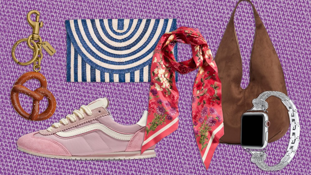 assortment of nordstrom accessories over a textured purple background