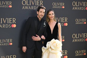 LONDON, ENGLAND - APRIL 06: Adrien Brody and Georgina Chapman attend The Olivier Awards 2025 at The Royal Albert Hall on April 06, 2025 in London, England. (Photo by Kate Green/Getty Images)