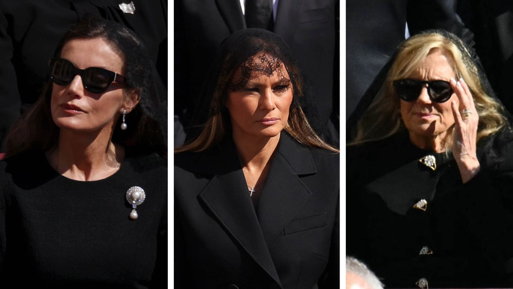 (L-R): Queen Letizia, Melania Trump and Jill Biden attend the funeral of Pope Francis in St. Peter's Square on April 26, 2025 in Vatican City, Vatican.