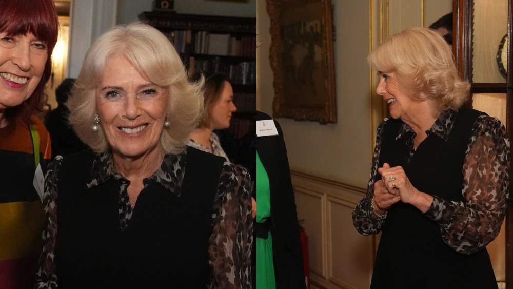 Queen Camilla wears a dress by Fiona Clare at a reception for the anniversary of SafeLives in London.