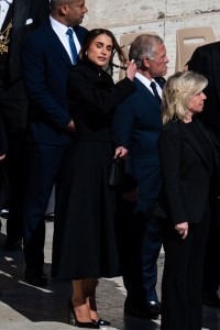 King Abdullah II of Jordan and his wife Rania attend the funeral ceremony of the late Pope Francis in St. Peter's Square in the Vatican. (Photo by Massimo Valicchia/NurPhoto via Getty Images)