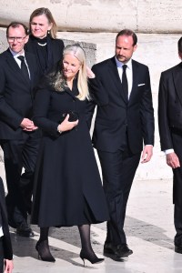 Haakon Magnus and Mette-Marit Tjessem Hoiby attend the Funeral Mass of the Holy Father Pope Francis in Vatican City, State of Vatican, on April 26, 2025. (Photo by Domenico Cippitelli/NurPhoto via Getty Images)