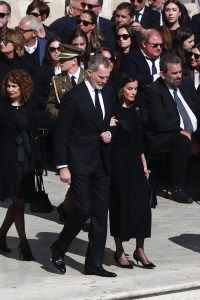 King Felipe VI of Spain and Queen Letizia of Spain before the funeral ceremony of Pope Francis at Saint Peter's Square in Vatican on April 26, 2025. (Photo by Jakub Porzycki/NurPhoto via Getty Images)