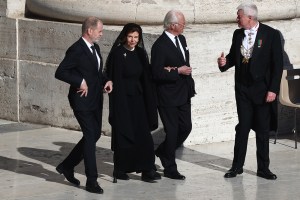 Carl XVI Gustaf of Sweden and Silvia of Sweden before the funeral ceremony of Pope Francis at Saint Peter's Square in Vatican on April 26, 2025. (Photo by Jakub Porzycki/NurPhoto via Getty Images)