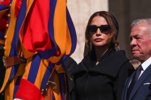 VATICAN CITY, VATICAN - APRIL 26: Queen Rania Of Jordan and King Abdullah II of Jordan attend the funeral of Pope Francis in St. Peter‚Äôs Square on April 26, 2025 in Vatican City, Vatican. Pope Francis died on April 21st at the age of 88. Born in Argentina as Jorge Mario Bergoglio, he was the first Latin American and the first Jesuit to become Pope when elected in 2013. Taking the name Francis after St Francis of Assisi, he promoted a more humble version of the papacy than many of his predecessors. He will be buried outside the Vatican in a simple wooden coffin at the Basilica Santa Maria Maggiore. (Photo by Franco Origlia/Getty Images)