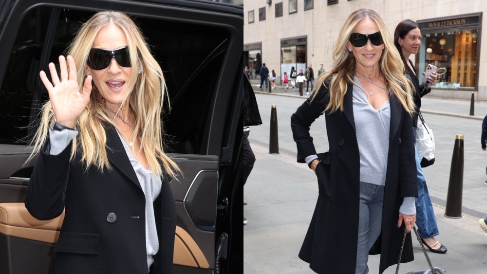 Sarah Jessica Park styles a casual look in gray and black out in New York City.