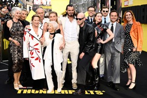 LONDON, ENGLAND - APRIL 22: (L to R) Florence Pugh (5L) poses with family and friends including Olive McHugh (4R) and Finn Cole (2R) at the "Thunderbolts*" UK Special Screening at Cineworld Leicester Square on April 22, 2025 in London, England. (Photo by Gareth Cattermole/Getty Images)