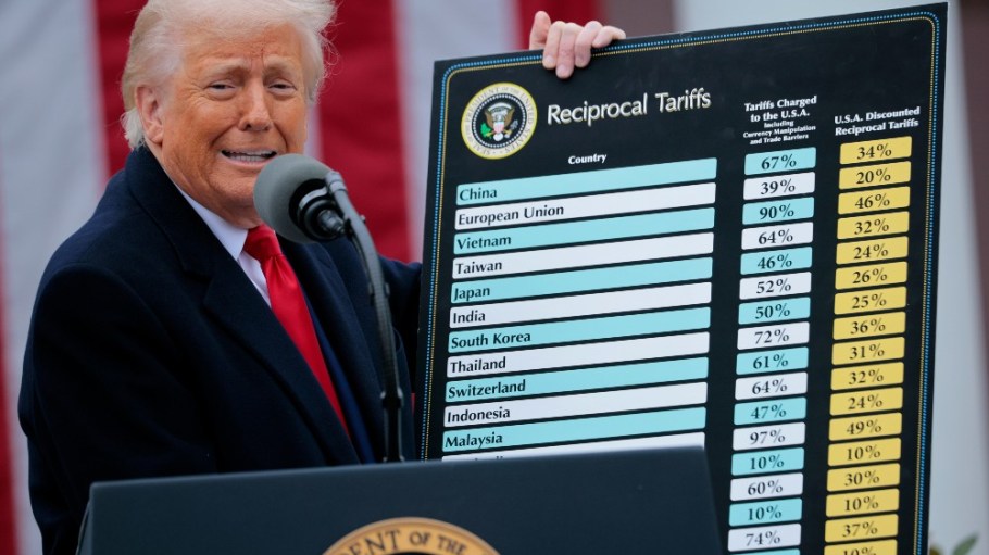 U.S. President Donald Trump holds up a chart while speaking during a “Make America Wealthy Again” trade announcement event in the Rose Garden.