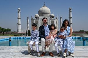 AGRA, INDIA - APRIL 23: U.S. Vice President JD Vance and his family, including wife Usha Vance, visit the Taj Mahal on April 23, 2025 in Agra, India. Vance and Indian Prime Minister Narendra Modi yesterday indicated progress had been made in talks for a trade deal between the two countries as New Delhi attempts to boosts ties with the Trump administration and avoid steep U.S. tariffs. (Photo Kenny Holston - Pool/Getty Images)