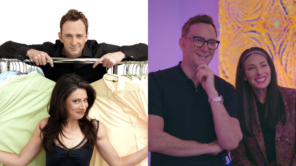 Stacy London and Clinton Kelly in "What Not to Wear" (2003) and "Wear Whatever the F You Want" (2025), before and after.