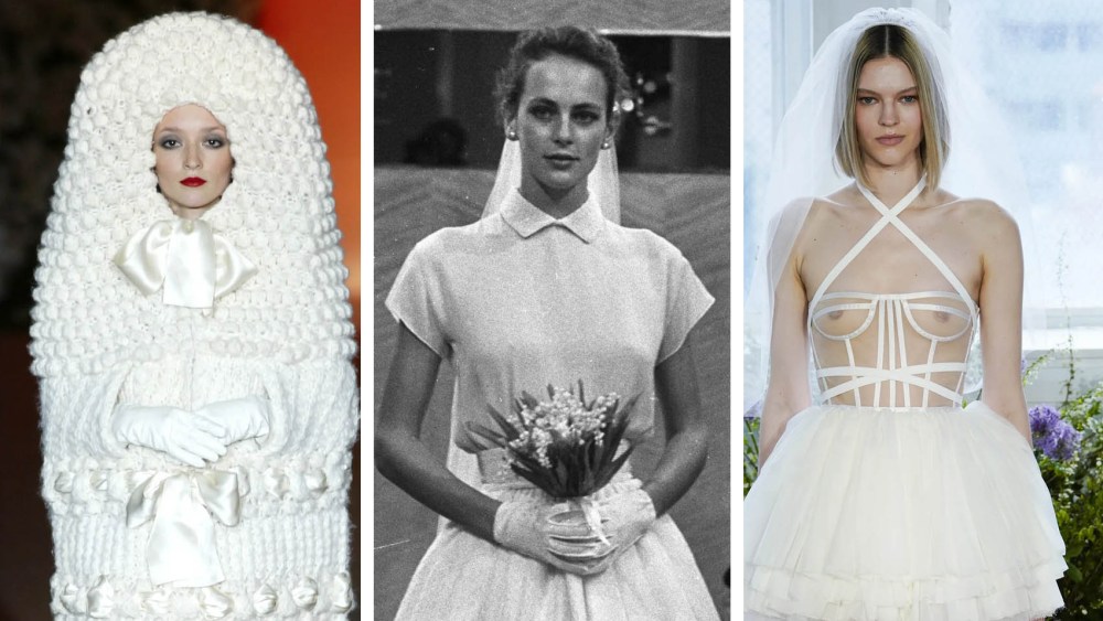 (L-R): Yves Saint Laurent's spring 1965; Perry Ellis spring 1987 and Bronx and Banco Bridal Spring 2025, fashion show wedding dresses on runways