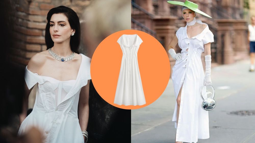 anne hathaway and julia fox posing in a white poplin shirtdress; a still photo of the dress overlaid on an orange circle