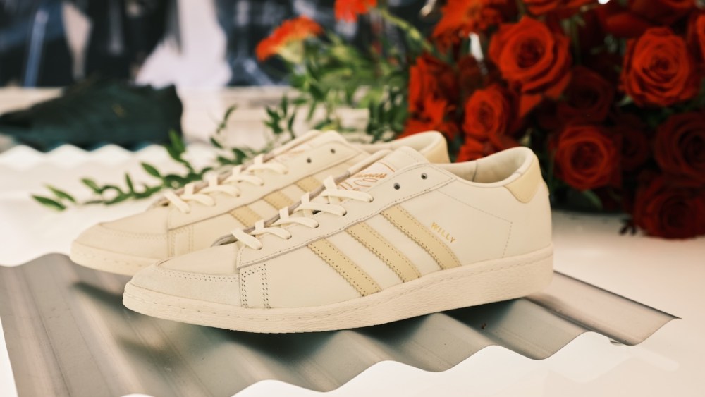 Sneakers on display at the Adidas Originals x Willy Chavarria spring/summer 2025 collection celebration at the Adidas Melrose store in Los Angeles on May 8, 2025.