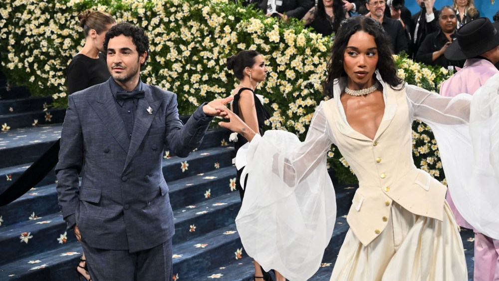 Zac Posen, Laura Harrier at The 2025 Met Gala Celebrating "Superfine: Tailoring Black Style" held at the Metropolitan Museum of Art on May 05, 2025 in New York, New York.