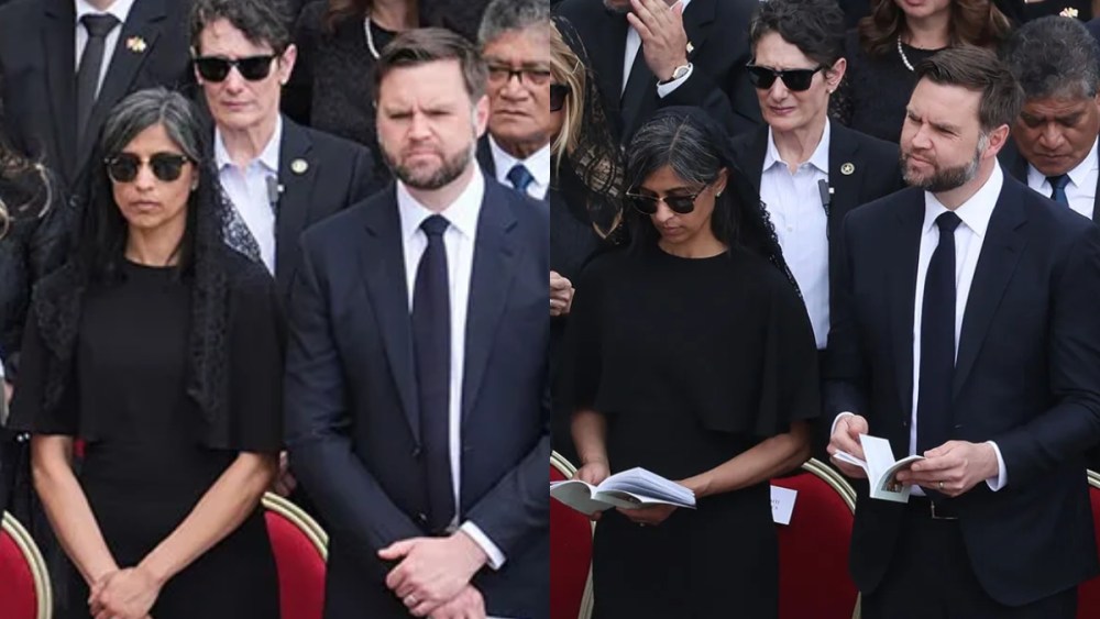 United States Vice President JD Vance and Second Lady of the United States Usha Vance wearing  Alexia Admor's black "Riley" sheath dress arrive ahead of the Inauguration Mass of Pope Leo XIV in St Peter's Square on May 18, 2025 in Vatican City, Vatican.