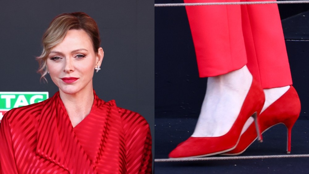 MONTE-CARLO, MONACO - MAY 25: Princess Charlene and Prince Albert II of Monaco on the podium during the F1 Grand Prix of Monaco at Circuit de Monaco on May 25, 2025 in Monte-Carlo, Monaco. (Photo by Clive Rose/Getty Images), manolo blahnik bb pumps