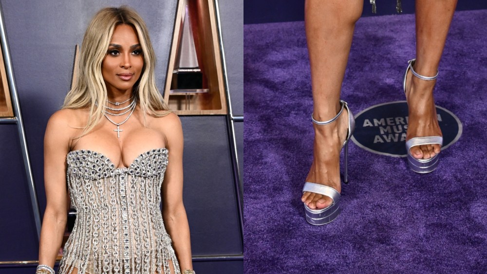 Ciara wears silver dress and Dolce & Gabbana  sandal shoes at the 2025 American Music Awards held at the Fontainebleau Las Vegas on May 26, 2025 in Las Vegas, Nevada.