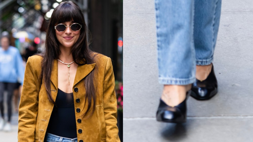 Dakota Johnson shoes detail is seen in Midtown on May 30, 2025 in New York City, angular wedges