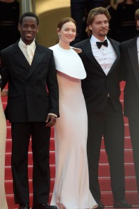 British actor Micheal Ward, American actress Emma Stone, American actor Luke Grimes at Cannes Film Festival 2025. Red Carpet Eddington. Cannes (France), May 16th, 2025 (Photo by Rocco Spaziani/Archivio Spaziani/Mondadori Portfolio via Getty Images)