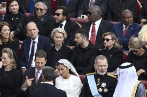 VATICAN CITY, VATICAN - MAY 18: President of the European Commission Ursula von der Leyen, President of Ukraine Volodymyr Zelenskyy and Olena Zelenska, Ukraine's first lady at their seats ahead of the Inauguration Mass of Pope Leo XIV in St Peter's Square on May 18, 2025 in Vatican City, Vatican. Pope Leo XIV (formerly Cardinal Robert Francis Prevost) presided over his inauguration mass in St Peter's Square after his election on May 8th. (Photo by Antonio Masiello/Getty Images)