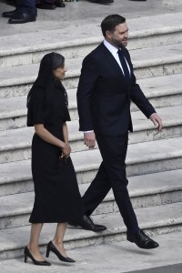 VATICAN CITY, VATICAN - MAY 18: United States Vice President JD Vance and Second Lady of the United States Usha Vance arrive  ahead of the Inauguration Mass of Pope Leo XIV in St Peter's Square on May 18, 2025 in Vatican City, Vatican. Pope Leo XIV (formerly Cardinal Robert Francis Prevost) presided over his inauguration mass in St Peter's Square after his election on May 8th. (Photo by Antonio Masiello/Getty Images)