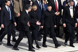 VATICAN CITY, VATICAN - MAY 18: Olena Zelenska, Ukraine's first lady and President of Ukraine Volodymyr Zelenskyy arrive ahead of the Inauguration Mass of Pope Leo XIV in St Peter's Square on May 18, 2025 in Vatican City, Vatican. Pope Leo XIV (formerly Cardinal Robert Francis Prevost) presided over his inauguration mass in St Peter's Square after his election on May 8th. (Photo by Antonio Masiello/Getty Images)