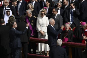 VATICAN CITY, VATICAN - MAY 18: King Philippe of Belgium and Queen Mathilde of Belgium at their seat ahead of the Inauguration Mass of Pope Leo XIV in St Peter's Square on May 18, 2025 in Vatican City, Vatican. Pope Leo XIV (formerly Cardinal Robert Francis Prevost) presided over his inauguration mass in St Peter's Square after his election on May 8th. (Photo by Antonio Masiello/Getty Images)