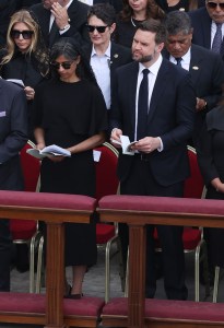 VATICAN CITY, VATICAN - MAY 18: U.S. Vice President JD Vance and his wife Usha Vance attend the inaugural outdoor mass of Pope Leo XIV on May 18, 2025 in Vatican City, Vatican. Pope Leo XIV (formerly Robert Francis Prevost) presided over his inaugural mass at St. Peter's Square after his election on May 8th. (Photo by Sean Gallup/Getty Images)