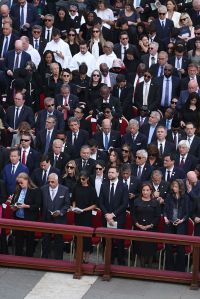 VATICAN CITY, VATICAN - MAY 18: U.S. Vice President JD Vance (first row, C), his wife Usha Vance (first row, C-L), U.S. Secretary of State Marco Rubio (2nd row, 2nd from L) and his wife Jeanette Dousdebes Rubio (2nd row, 3rd from L) attend the inaugural outdoor mass of Pope Leo XIV on May 18, 2025 in Vatican City, Vatican. Pope Leo XIV (formerly Robert Francis Prevost) presided over his inaugural mass at St. Peter's Square after his election on May 8th. (Photo by Sean Gallup/Getty Images)