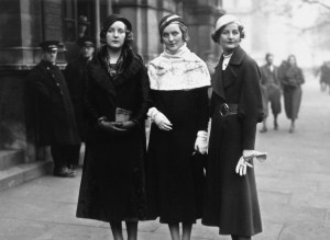 1932:  Three of the Mitford sisters at Lord Stanley of Aldernay's wedding.  From left to right: Unity Mitford; Diana Mitford (Mrs Bryan Guinness, later Lady Diana Mosley) and writer Nancy Mitford.  (Photo by Hulton Archive/Getty Images)