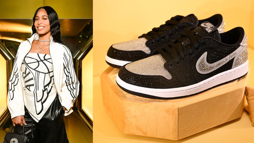 Isabelle Harrison at the Swarovski x Jordan Brand event at Swarovski on Fifth in New York City on May 15, 2025.
Right: Swarovski x Air Jordan 1 Low "Crystal" sneakers displayed at the event.