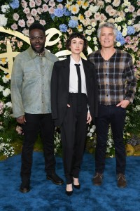 Babou Ceesay, Sydney Chandler, Timothy Olyphant at the Disney 2025 Upfront Red Carpet held at North Javits Center on May 13, 2025 in New York, New York.