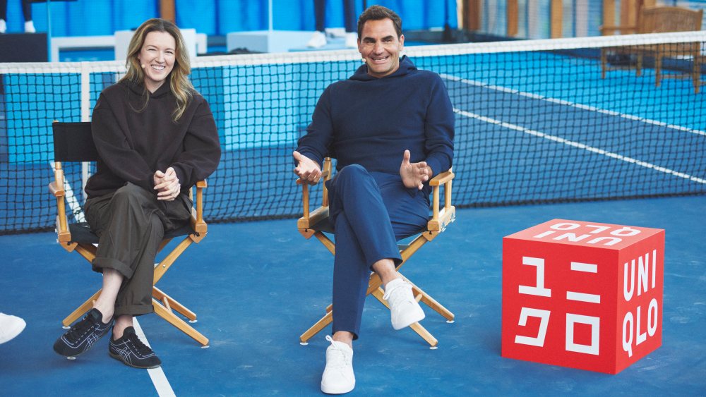Clare Waight Keller and Roger Federer at Uniqlo's launch event for The Roger Federer Collection in Paris