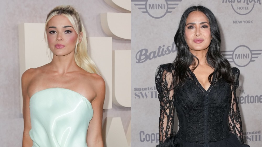 Livvy Dunne and Salma Hayek at the Sports Illustrated Swimsuit Issue launch party held at the Hard Rock Times Square on May 15, 2025 in New York, New York.