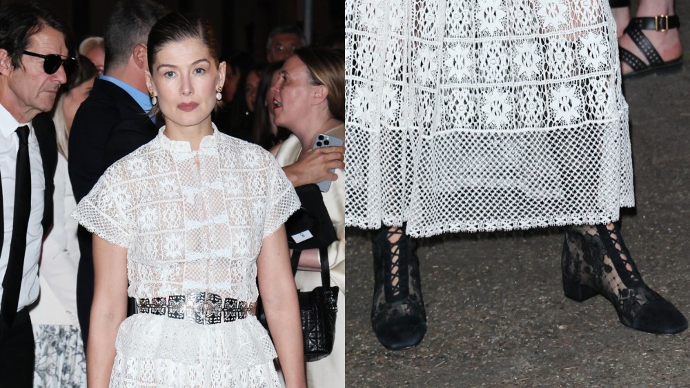 Rosamund Pike is seen at Dior Cruise 2025 at Villa Albani Torlonia on May 27, 2025 in Rome, Italy.
