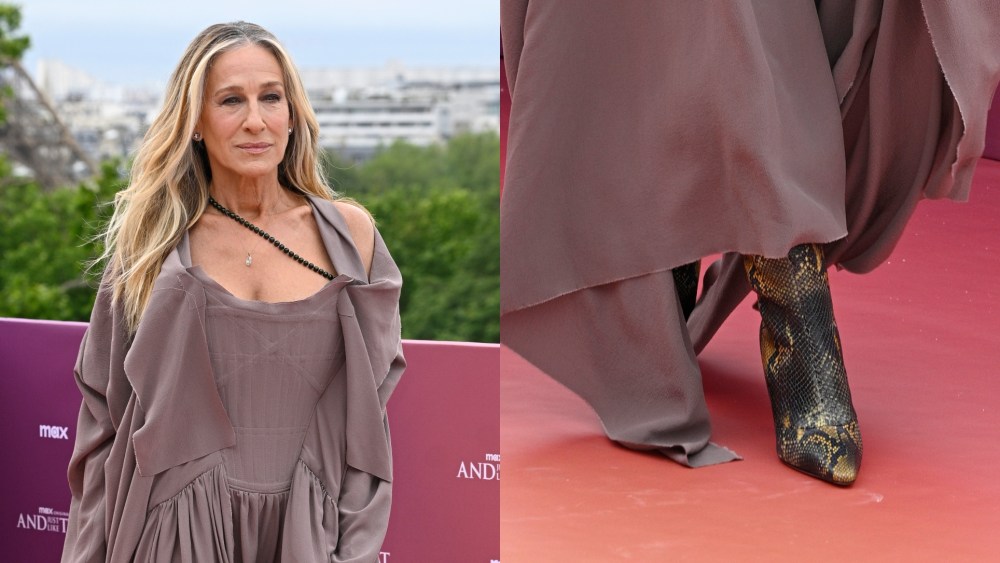 Sarah Jessica Parker wearing Jimmy Choo's The Boot, 2000 at the "And Just Like That…" Season Three photo call at CESE (Conseil économique social et environnemental) on May 28, 2025 in Paris, France.