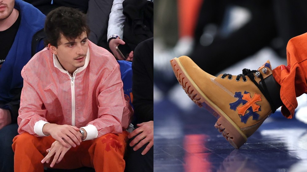Timothée Chalamet attends attend Game One of the Eastern Conference Finals of the 2025 NBA Playoffs between the New York Knicks and the Indiana Pacers at Madison Square Garden on May 21, 2025 in New York City, chrome hearts timberland boots