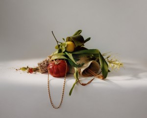 Loewe napa lambskin tomato clutch; Ulla Johnson raffia bag; Tory Burch brass and rubber flower earring.