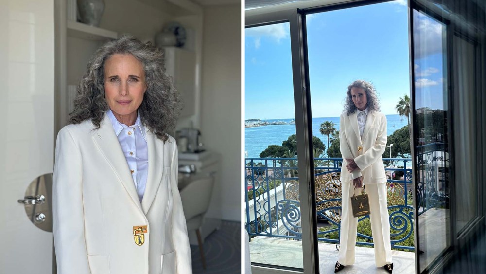 Andie MacDowell in head-to-toe white Schiaparelli suit and keyhole heels at the 2025 Cannes Film Festival